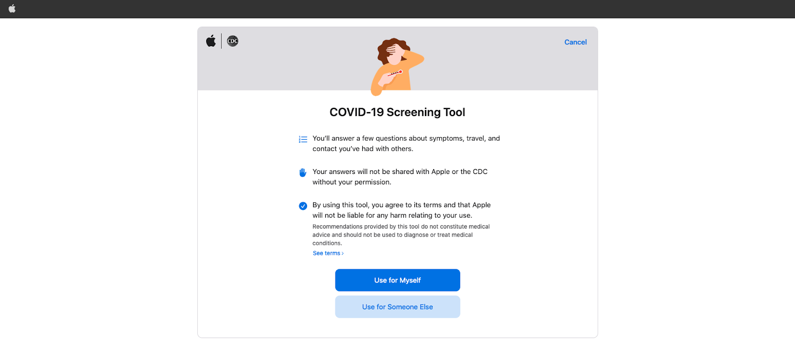 COVID-19 screening tool on the Apple website