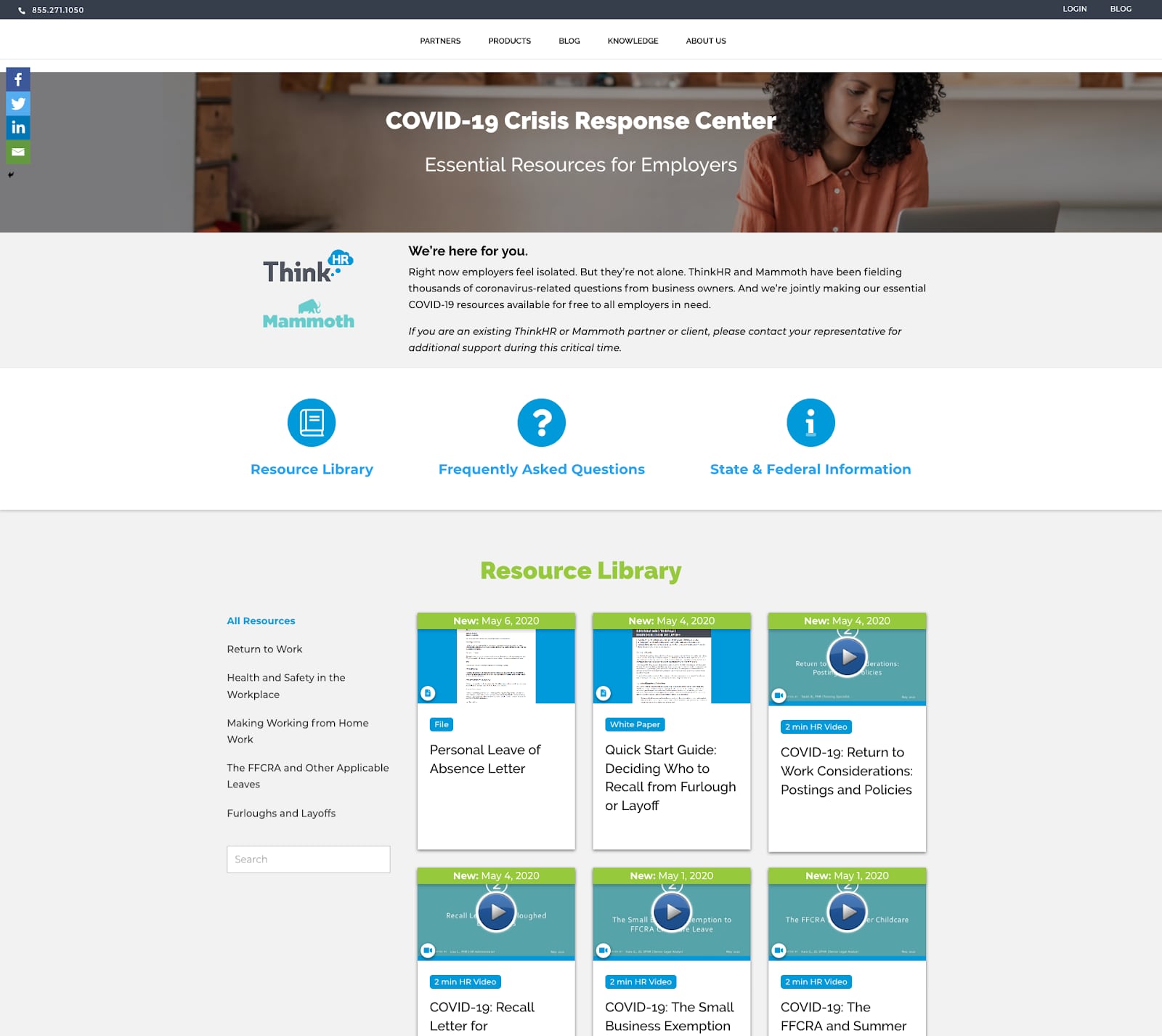 COVID-19 Crisis response center on the ThinkHR website