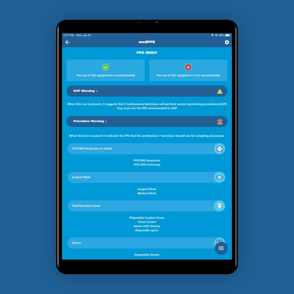 Content of PPE app on tablet
