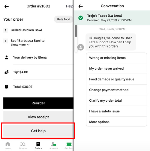 Help & Support Example - Uber Eats